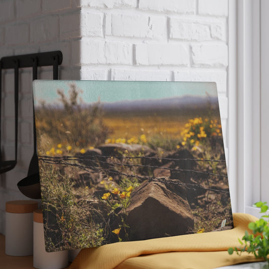 Barbed Wire in the Desert Glass Cutting Board